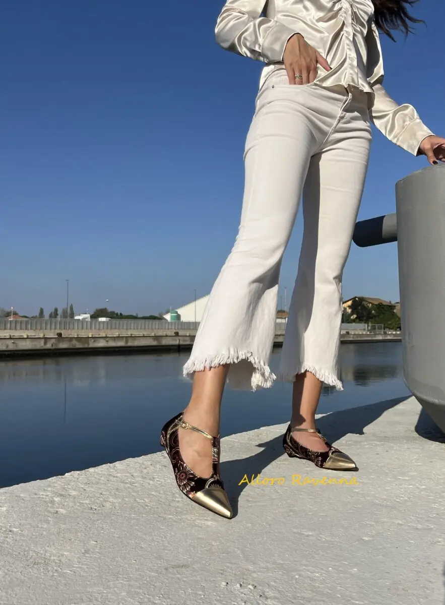 Ballerine a punta in vellutino damascato cuoio e platino - immagine 7